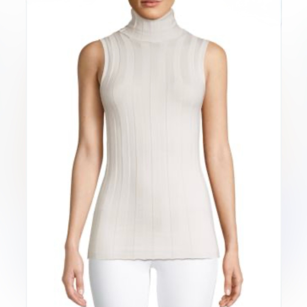 Derek Lam Silk Cashmere Ribbed Sleeveless Turtleneck Sweater Cream Medium $650
